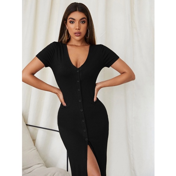 Black Rib Knit Button Down Short Sleeve Long Dress - Picture 4 of 7